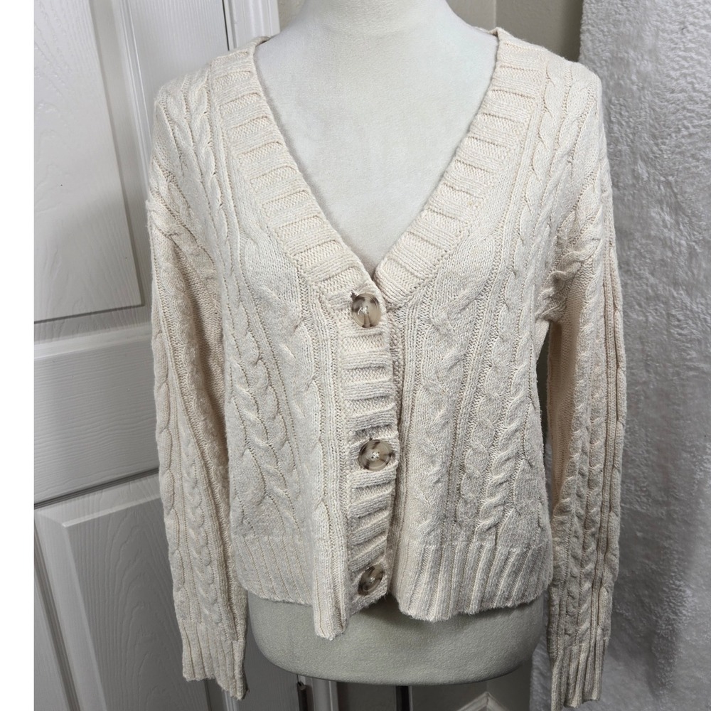 American Eagle Women's XS Cream Cable Knit Button Front Cardigan Sweater